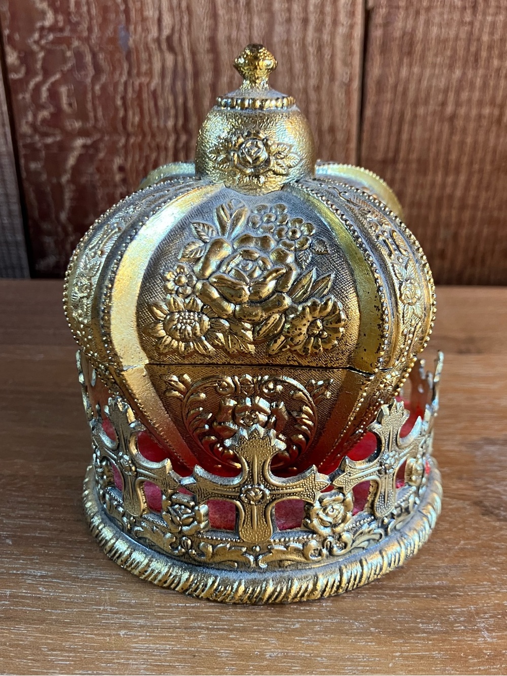 Vintage Gold Tone Crown Hinged Lid Trinket Stash Jewelry Music Box - Memories
